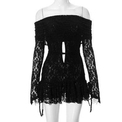 Long sleeve off shoulder lace self tie hollow out cut out mini dress