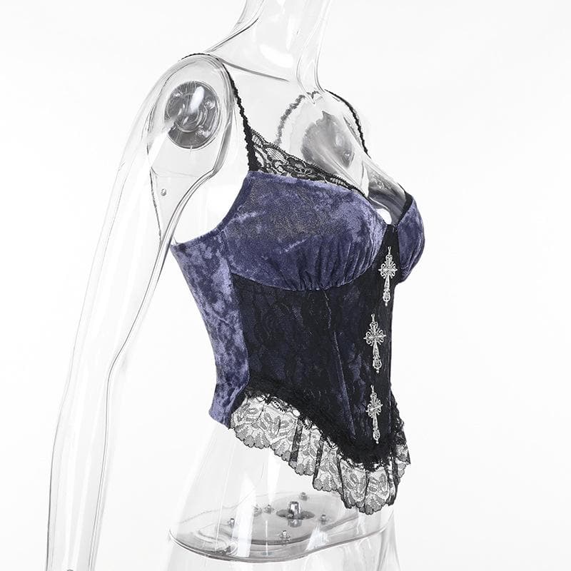 Metal cross lace velvet patchwork cami top