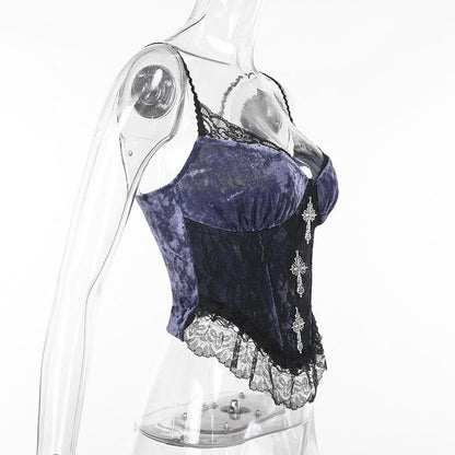 Metal cross lace velvet patchwork cami top