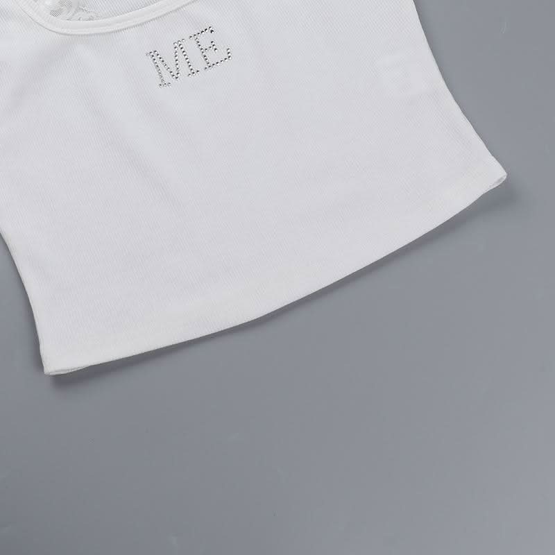 U neck "ME" beaded lace hem tank top