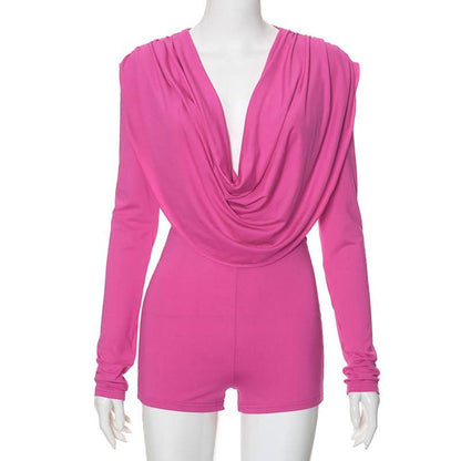 Cowl neck low cut long sleeve ruched solid romper