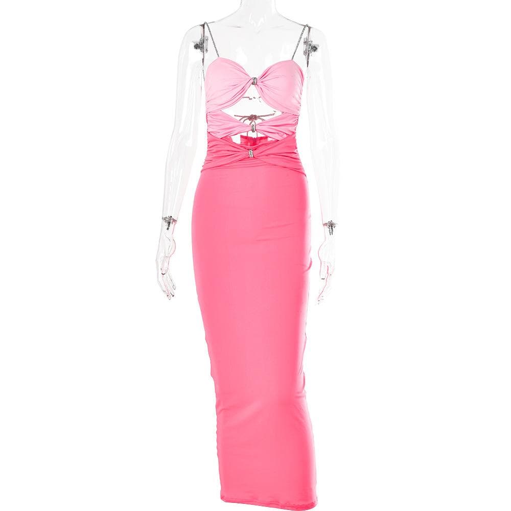 Hollow out contrast patchwork bowknot backless self tie cut out maxi dress