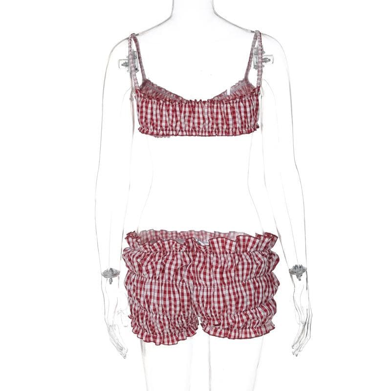Plaid print smocked cami pant set