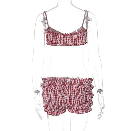 Plaid print smocked cami pant set