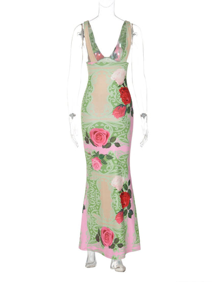 Flower print v neck cami maxi dress