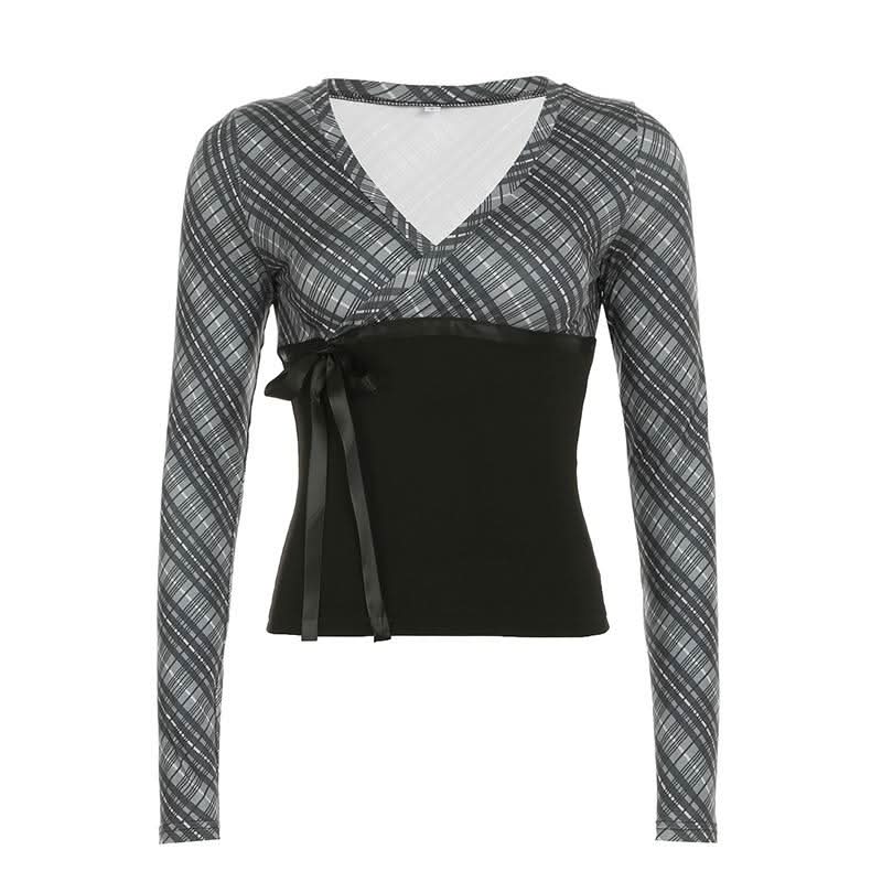 Long sleeve striped print v neck bowknot ribbon top