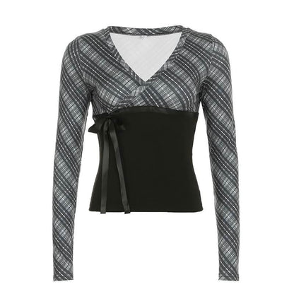 Long sleeve striped print v neck bowknot ribbon top