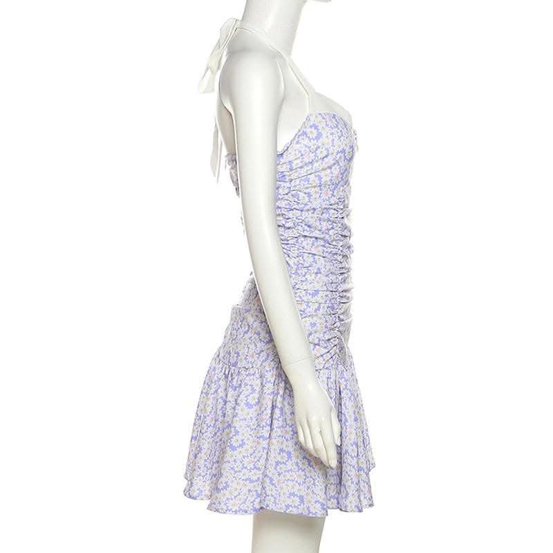 Flower print contrast ruched ruffle halter backless zip-up mini dress-final-sale