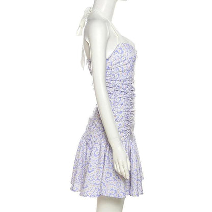 Flower print contrast ruched ruffle halter backless zip-up mini dress-final-sale