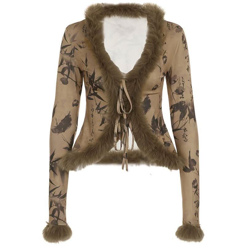 Long sleeve fluffy self tie print top
