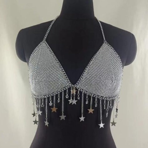 Metal chain star decor halter backless bralette top