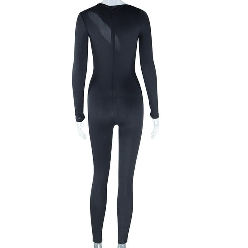 Long sleeve hollow out zip-up solid jumpsuit
