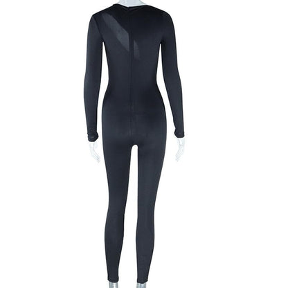Long sleeve hollow out zip-up solid jumpsuit