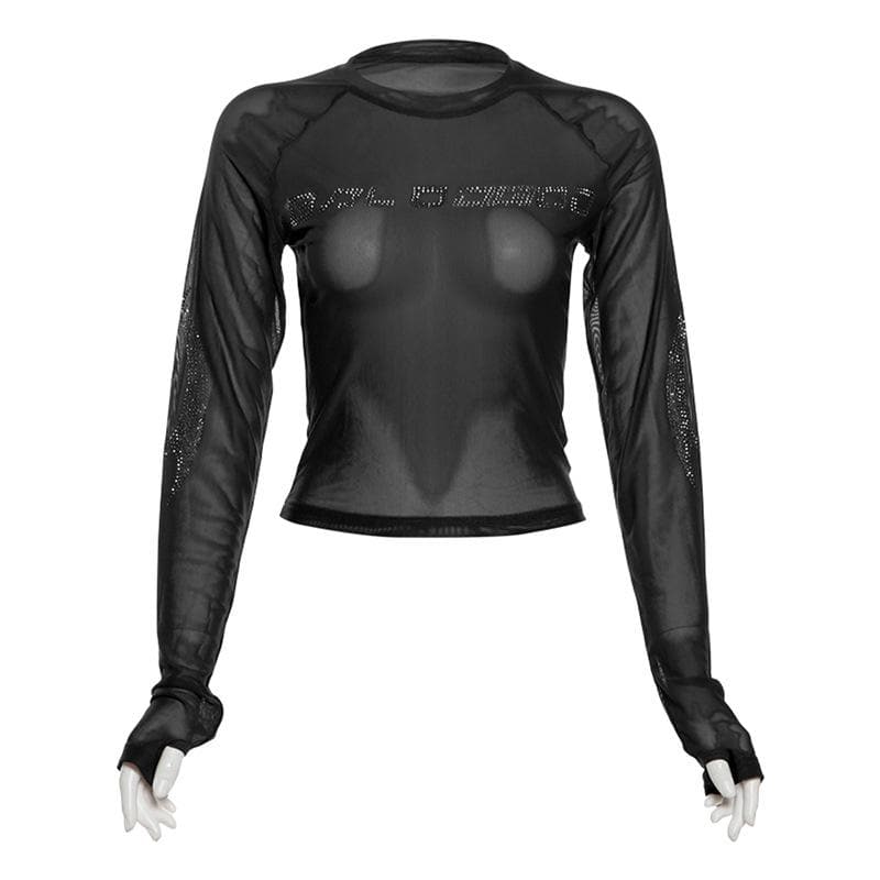 Long sleeve beaded sheer mesh top