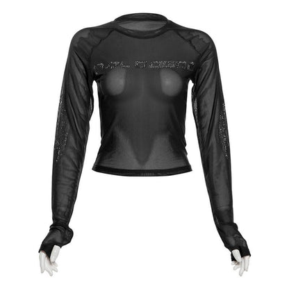 Long sleeve beaded sheer mesh top