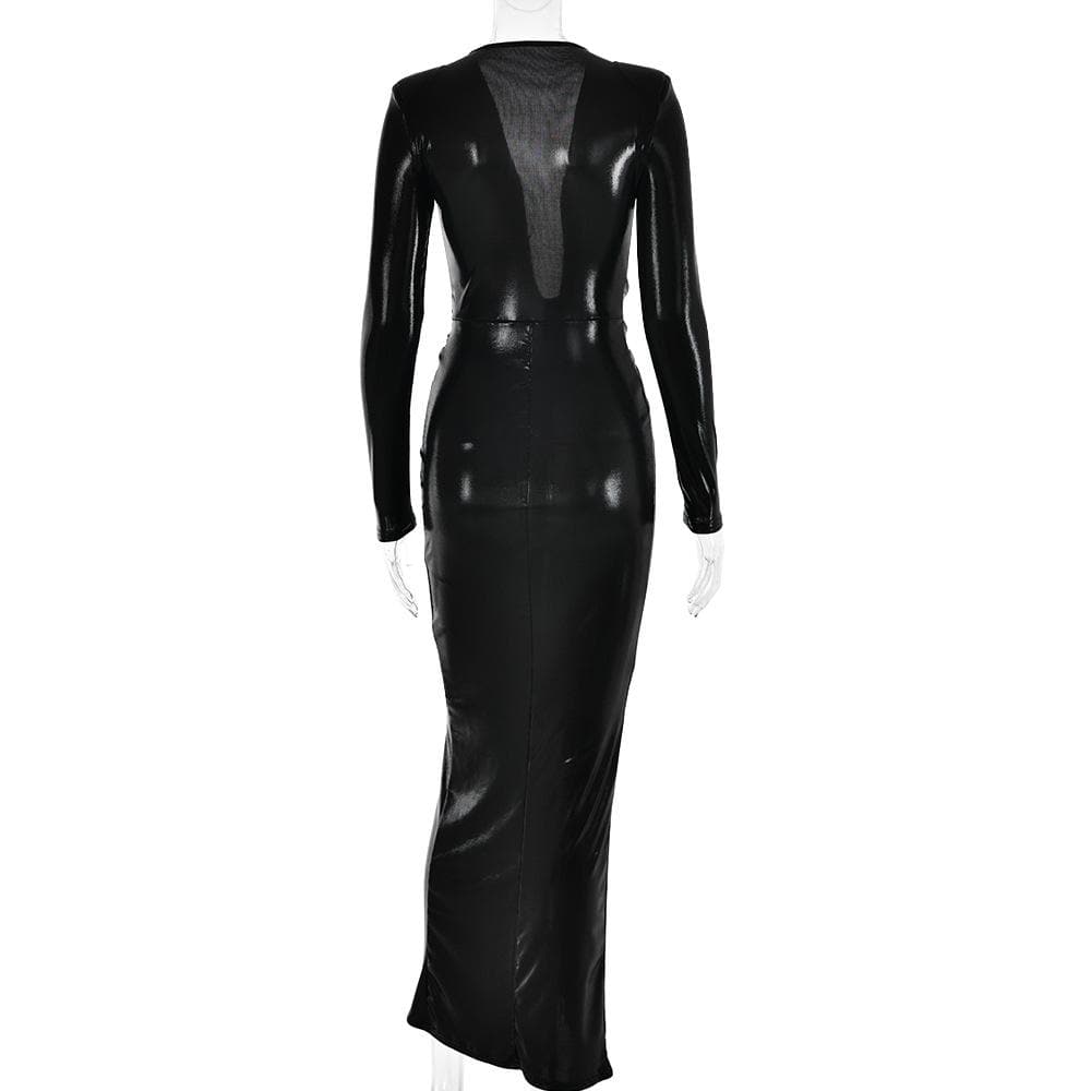 Ruched Metallic Long Sleeve V Neck Knotted Front Maxi Dress
