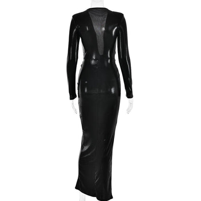 Ruched Metallic Long Sleeve V Neck Knotted Front Maxi Dress