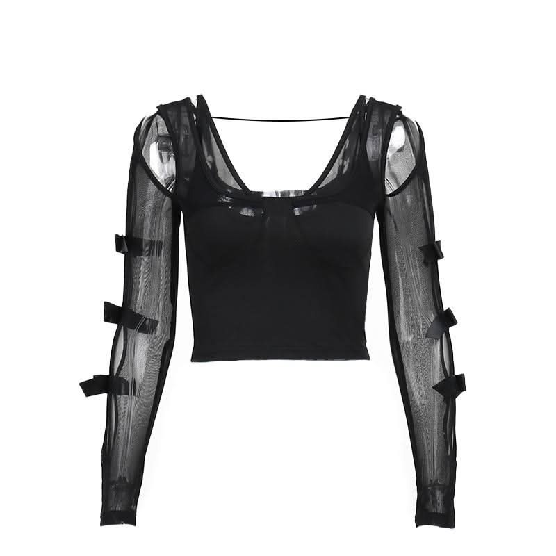 Long sleeve bowknot mesh v neck hollow out cut out top