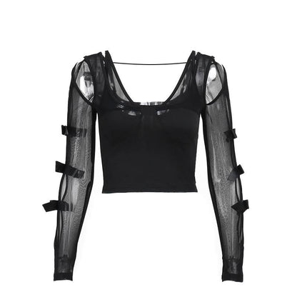 Long sleeve bowknot mesh v neck hollow out cut out top