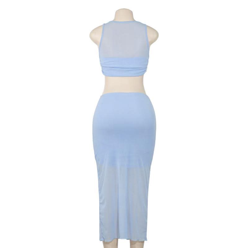 Crewneck sleeveless ruched mesh crop maxi skirt set