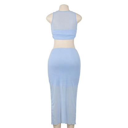 Crewneck sleeveless ruched mesh crop maxi skirt set