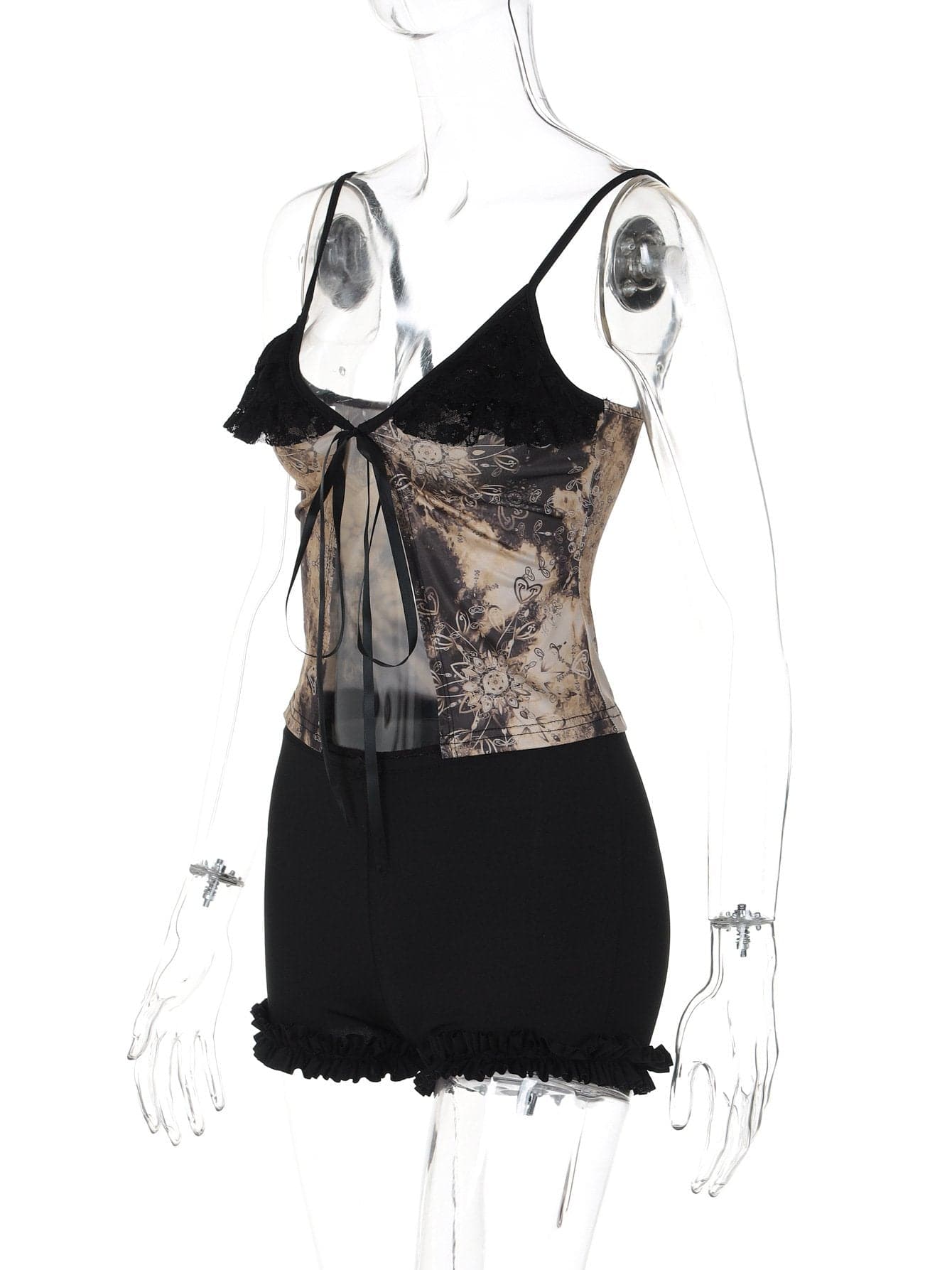 V neck lace hem print self tie cami pant set