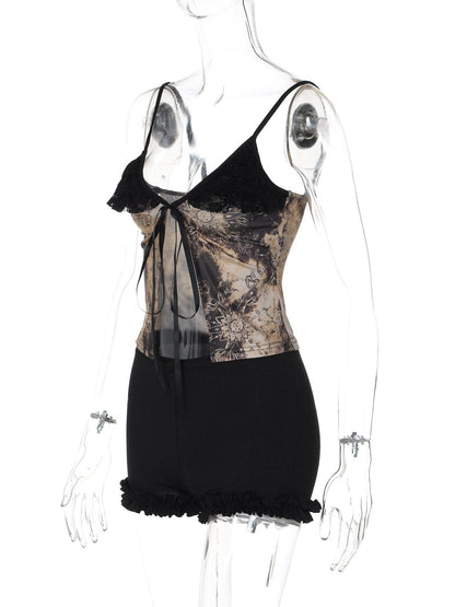 V neck lace hem print self tie cami pant set