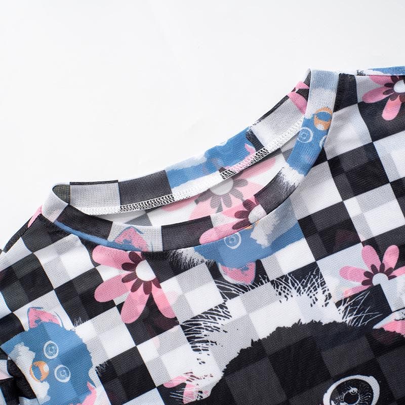 Long sleeve plaid print sheer mesh top