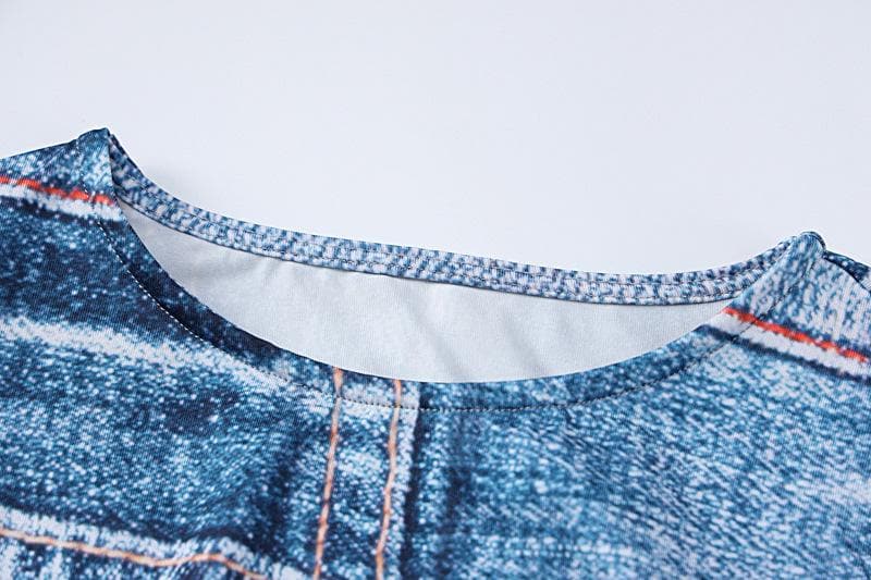 Long sleeve denim print crewneck contrast top