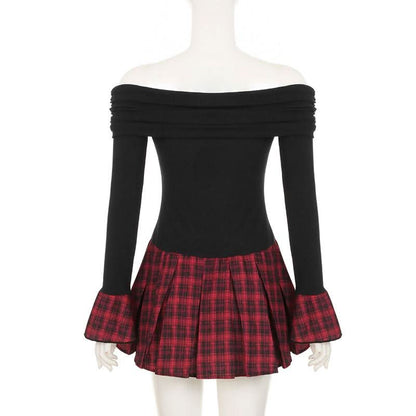 Off shoulder long sleeve plaid fluffy mini dress