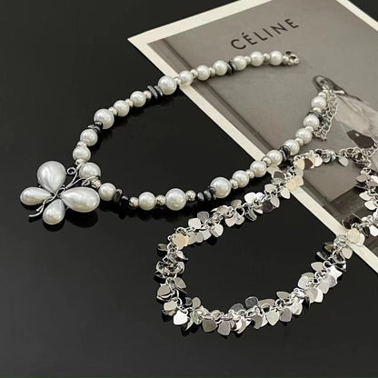 White butterfly decor faux pearl choker necklace