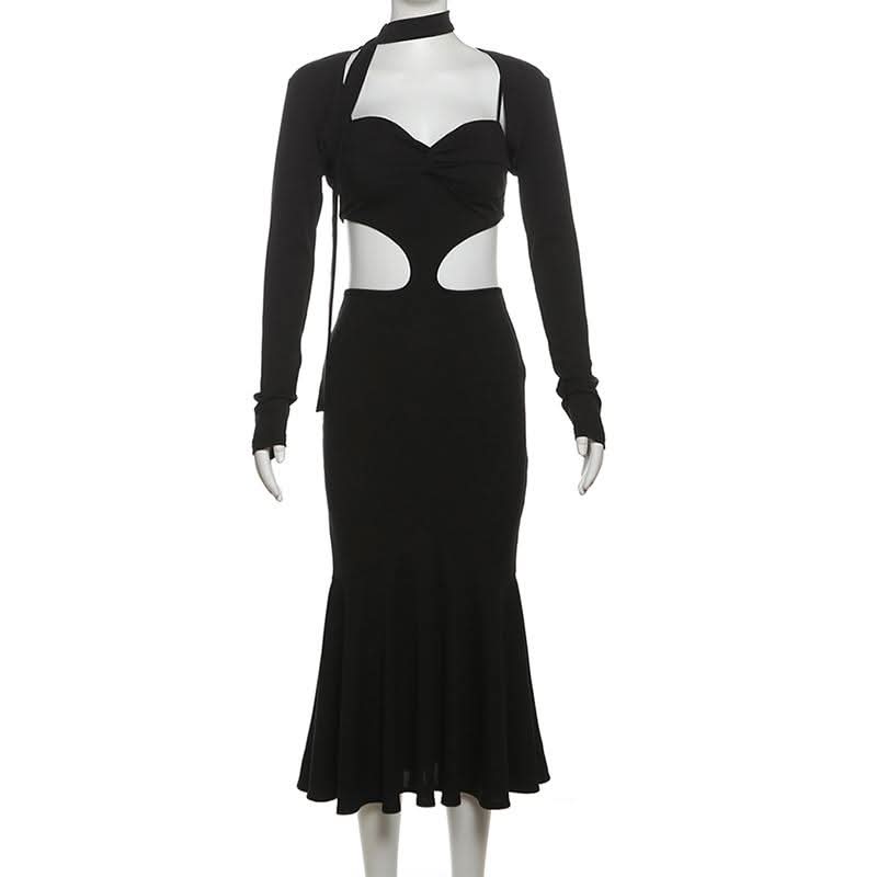 Long sleeve sweetheart neck shrug 2 piece hollow out cut out maxi dress