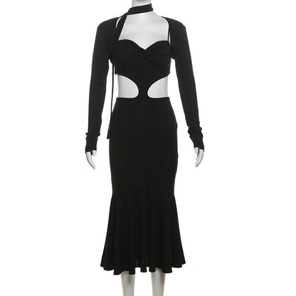 Long sleeve sweetheart neck shrug 2 piece hollow out cut out maxi dress