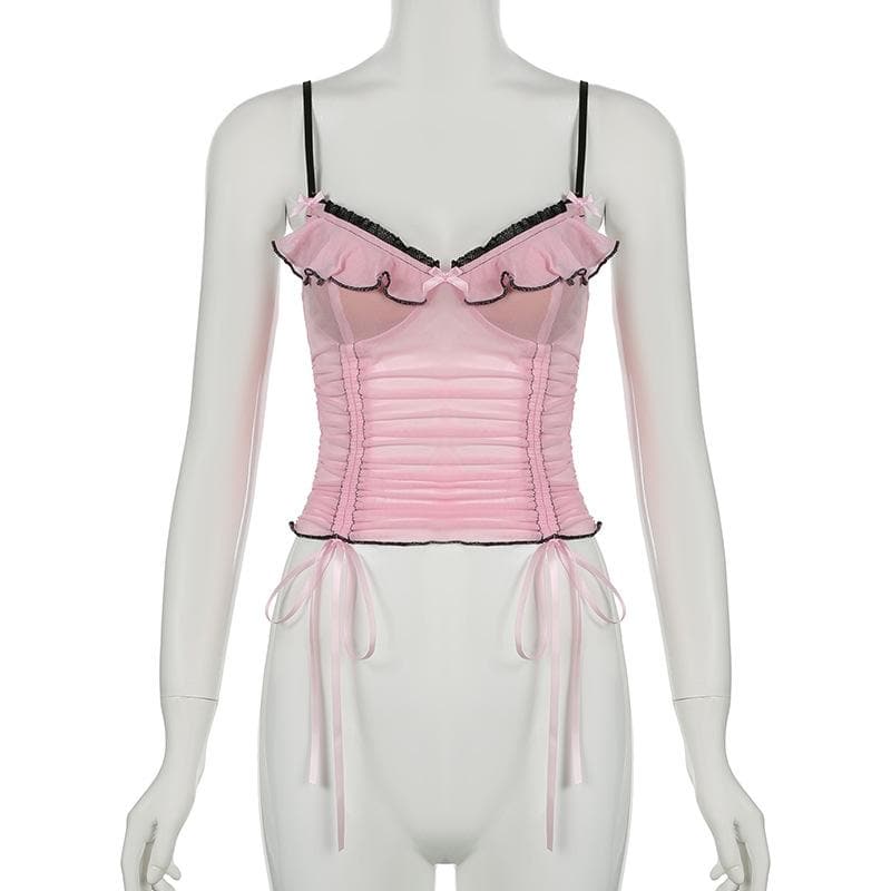 Sheer mesh ruffle drawstring cami top