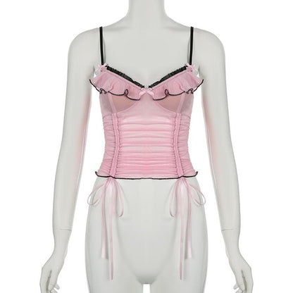Sheer mesh ruffle drawstring cami top
