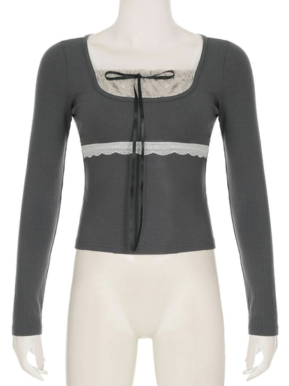 Long sleeve patchwork lace hem bowknot ruched top