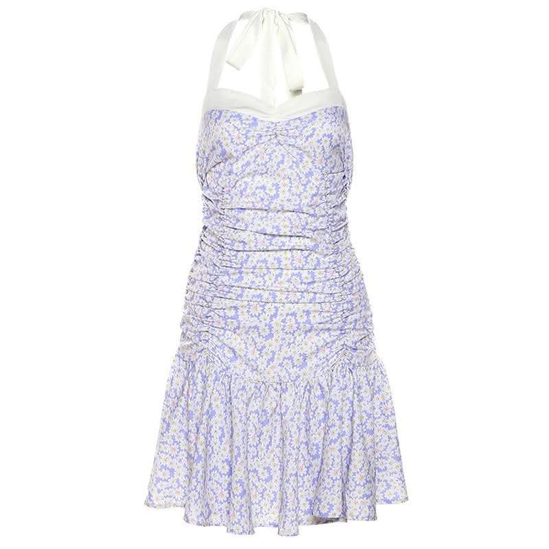 Flower print contrast ruched ruffle halter backless zip-up mini dress-final-sale