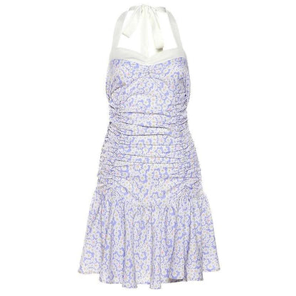 Flower print contrast ruched ruffle halter backless zip-up mini dress-final-sale