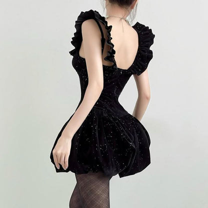 Glitter velvet ruffle flower applique 2-way cami mini dress