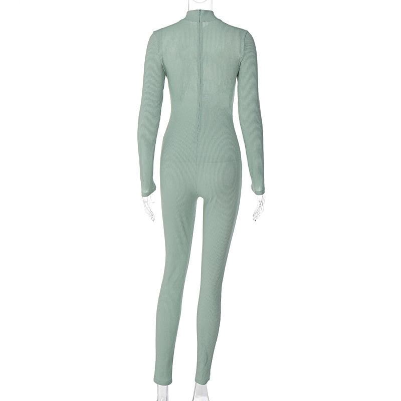 Hollow out long sleeve solid zip-up high neck jumpsuit - Final Sale