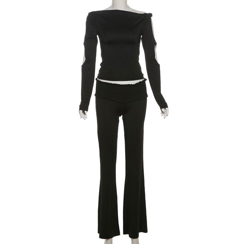 Long sleeve hollow out off shoulder smocked pant set