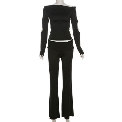 Long sleeve hollow out off shoulder smocked pant set