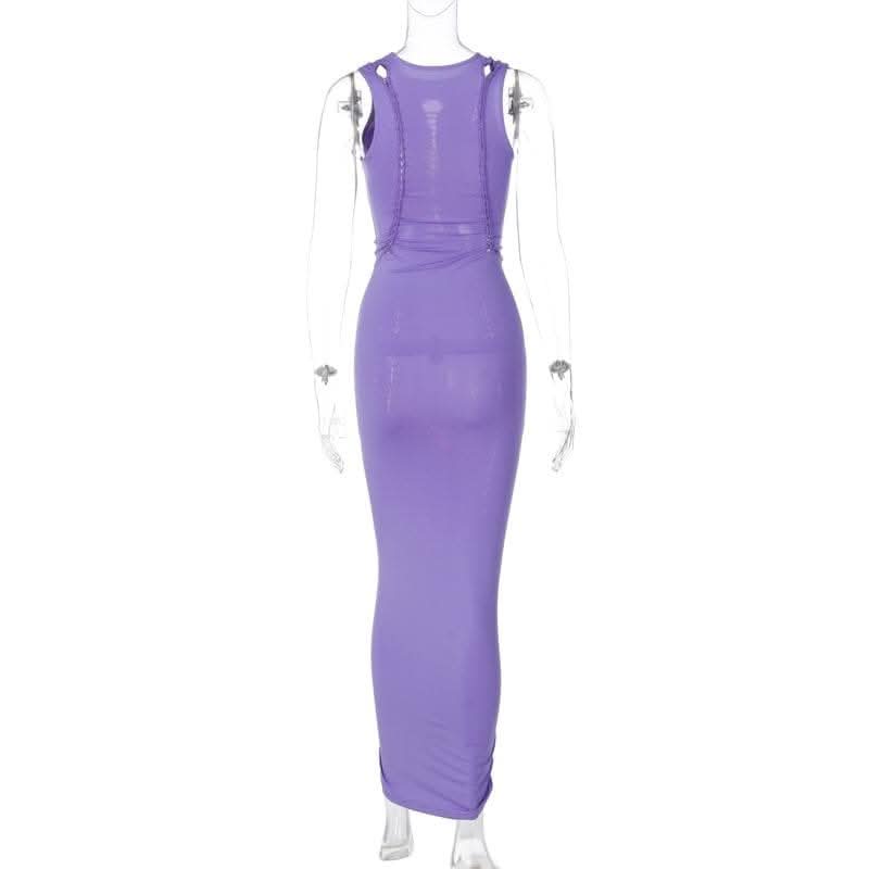 Crewneck sleeveless hollow out solid ruched cut out maxi dress-final-sale