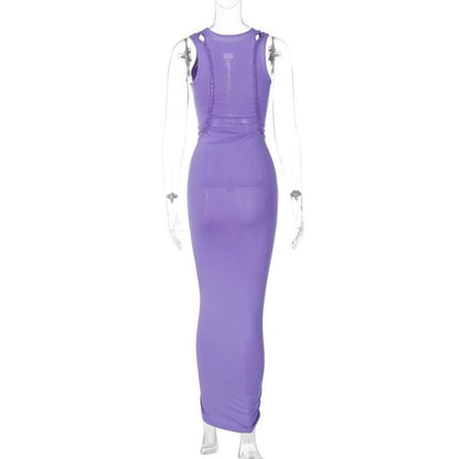 Crewneck sleeveless hollow out solid ruched cut out maxi dress-final-sale