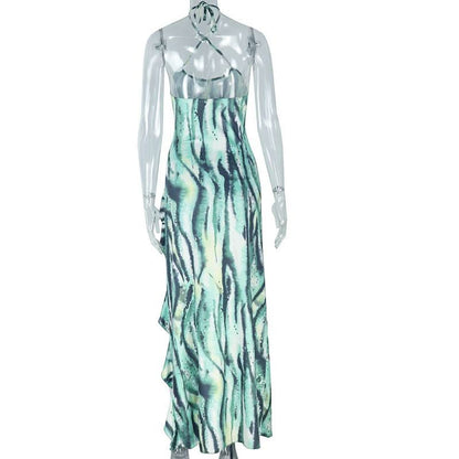 Halter self tie cross front high slit striped print maxi dress