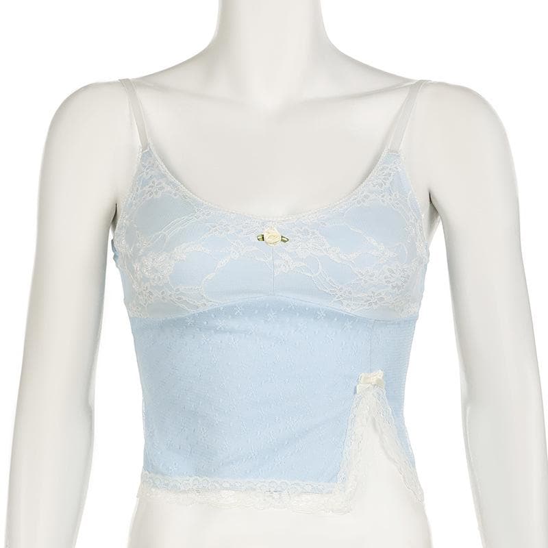 Lace slit flower applique bowknot cami top