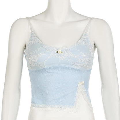 Lace slit flower applique bowknot cami top