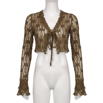 Lace v neck self tie see through flared sleeve solid crop top