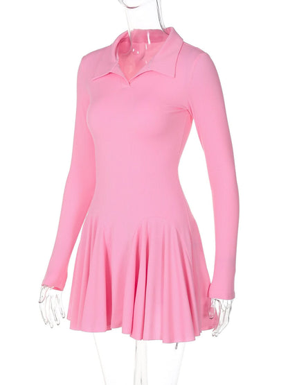 Turnover collar long sleeve solid mini dress
