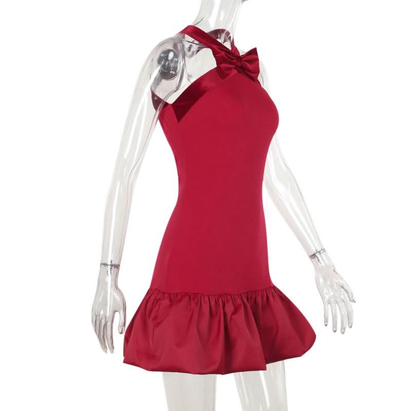 Halter bowknot cross back ruffle mini dress